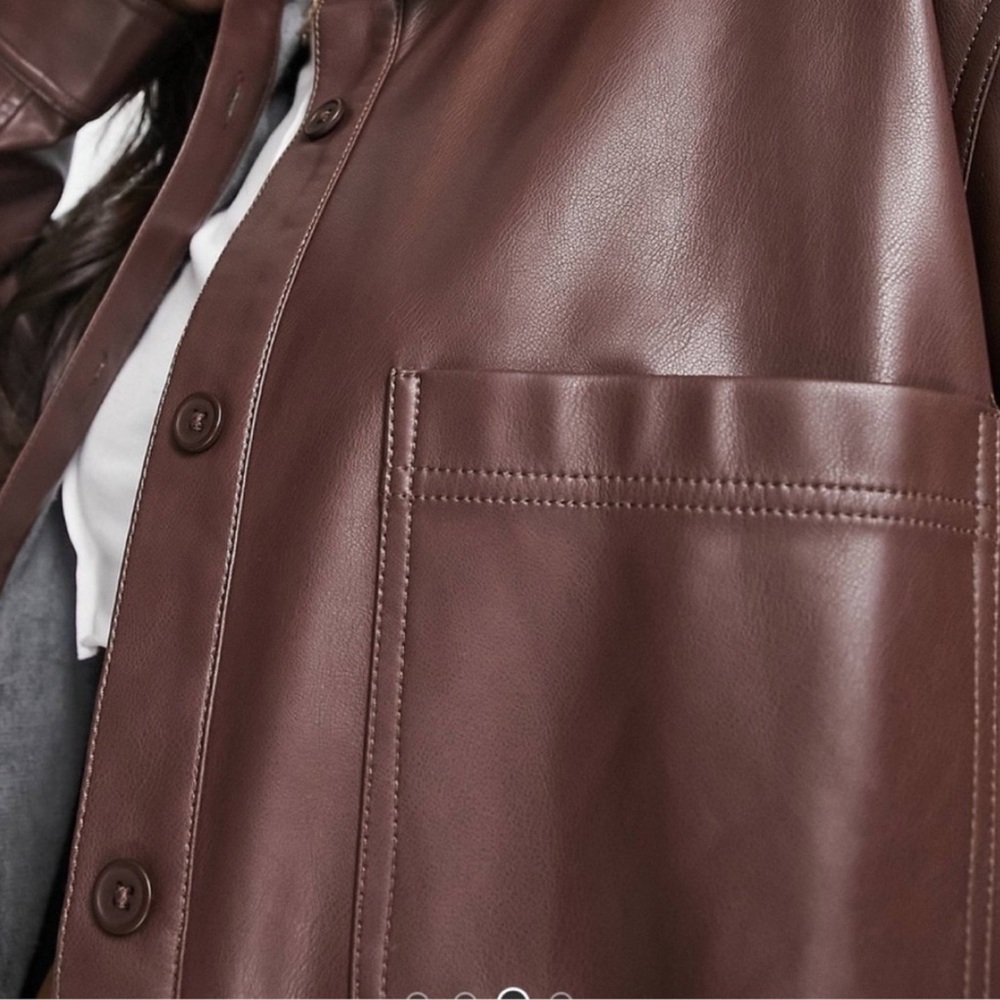 Brown Faux Leather Button Up Shirt - Picture 6 of 12